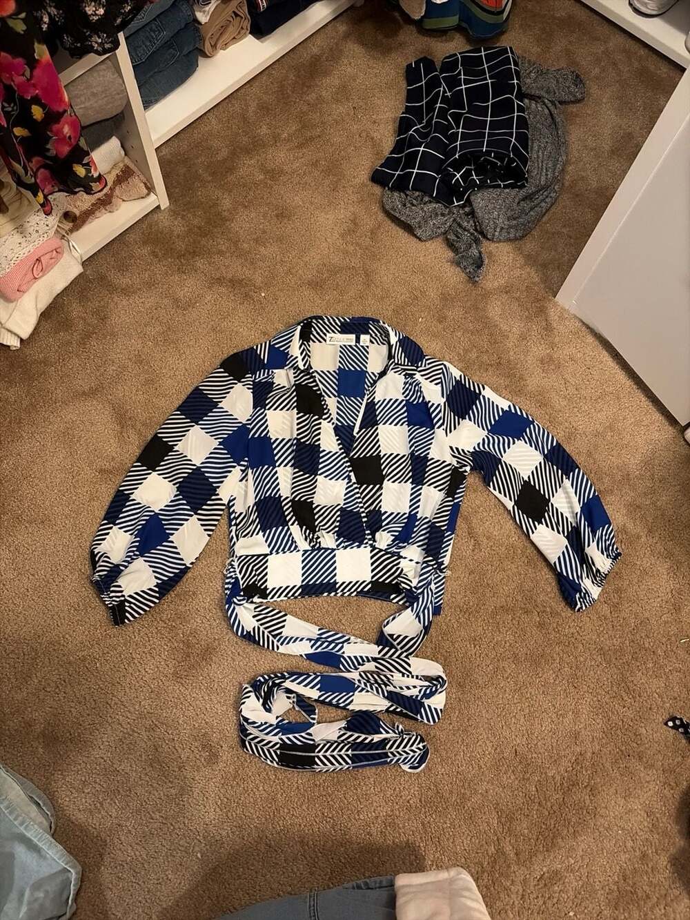 New York & Company 7th Avenue Design Studio Blue Checkered Wrap Top Size XS